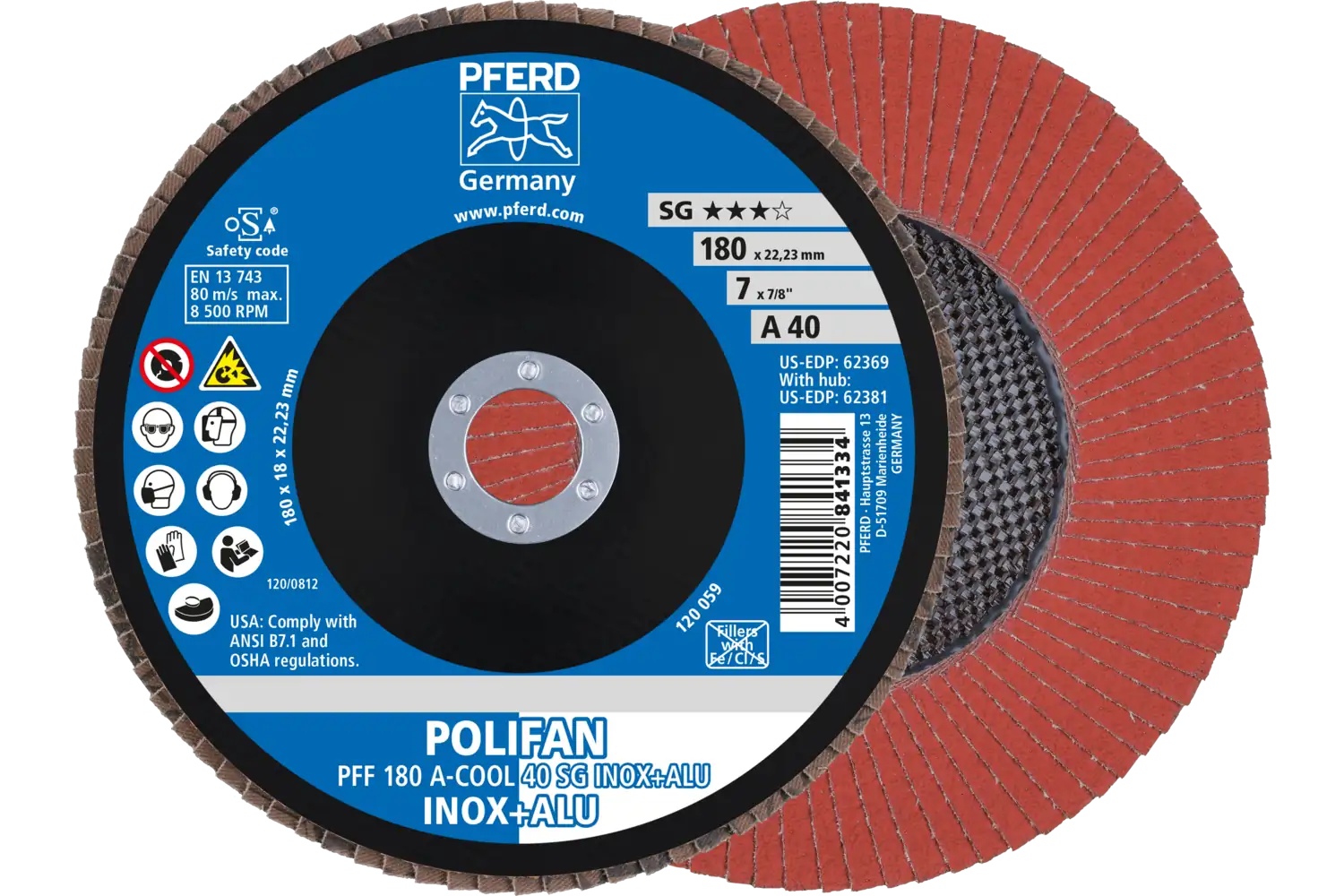 Picture of Pferd Flap Disc, 7" x 7/8, A-Cool SG Inox+ALU, 40 Grit, T27, Flat, Aluminum oxide